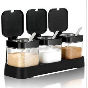 Condiment Jar Spice Container with Lids and Spoons, 8oz Clear Glass Condiment